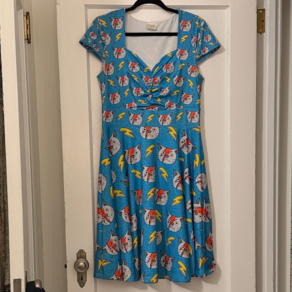 David Bowie Cat Bright Blue Cat & Lightning Bolt Fit-and-Flare Dress size L